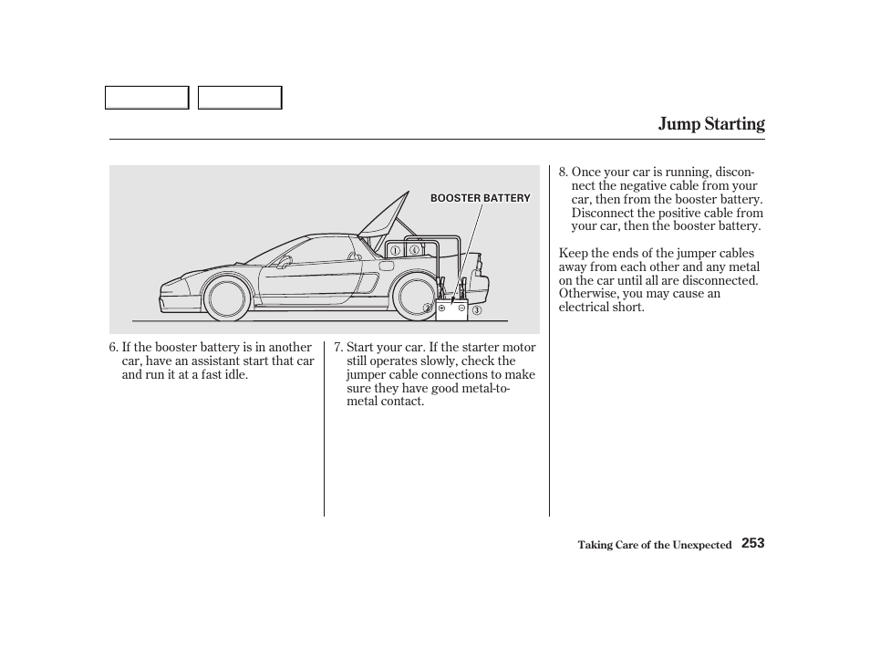 Jump starting | Acura 2002 NSX - Owner's Manual User Manual | Page 256 / 301