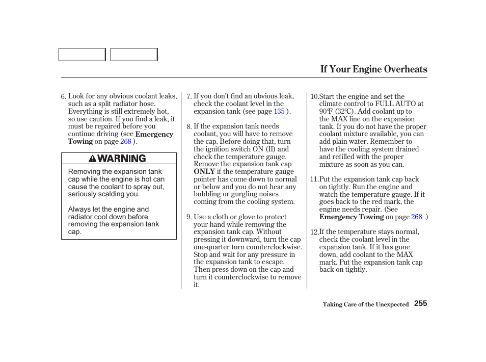 If your engine overheats | Acura 2002 NSX - Owner's Manual User Manual | Page 258 / 301