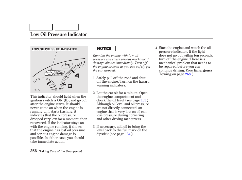 Low oil pressure indicator | Acura 2002 NSX - Owner's Manual User Manual | Page 259 / 301