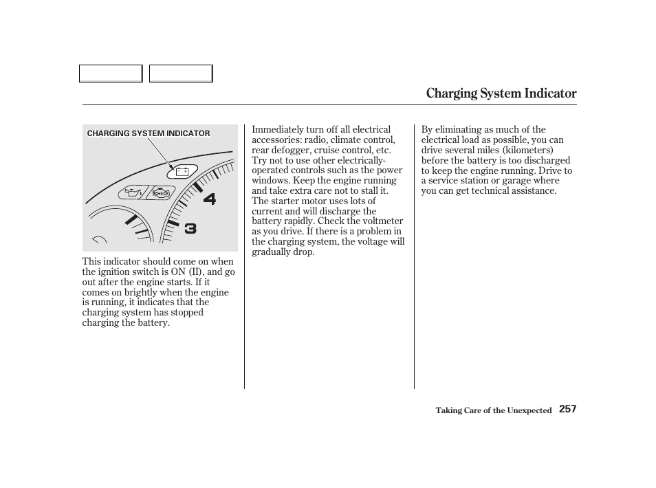 Charging system indicator | Acura 2002 NSX - Owner's Manual User Manual | Page 260 / 301