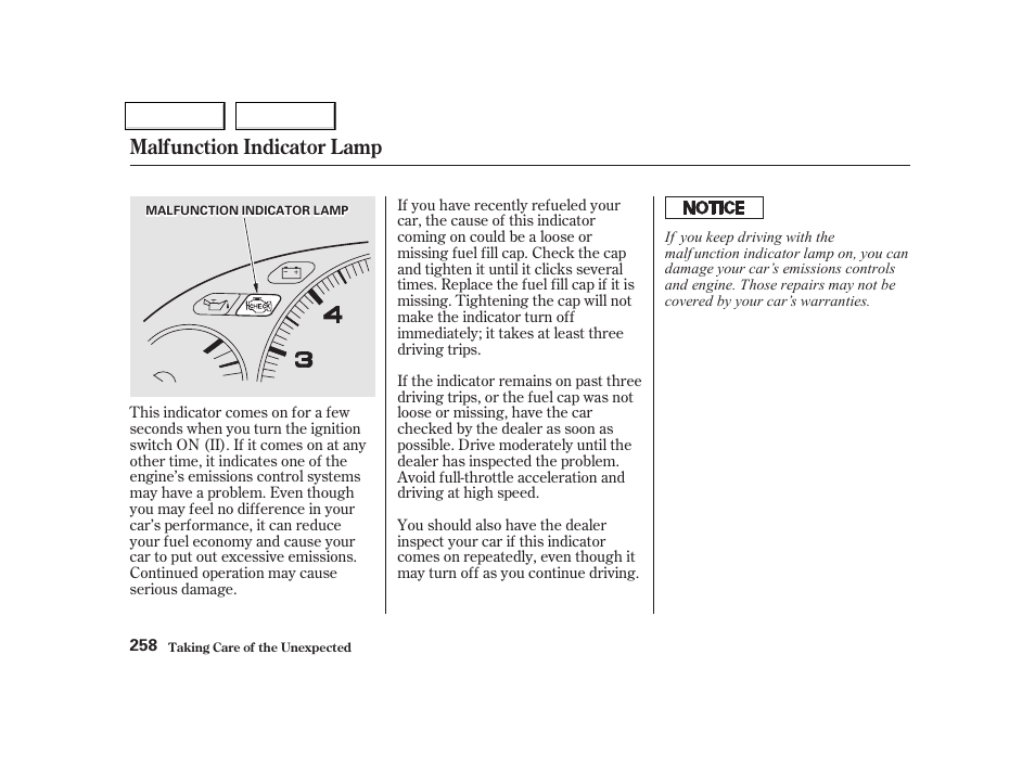 Malfunction indicator lamp | Acura 2002 NSX - Owner's Manual User Manual | Page 261 / 301