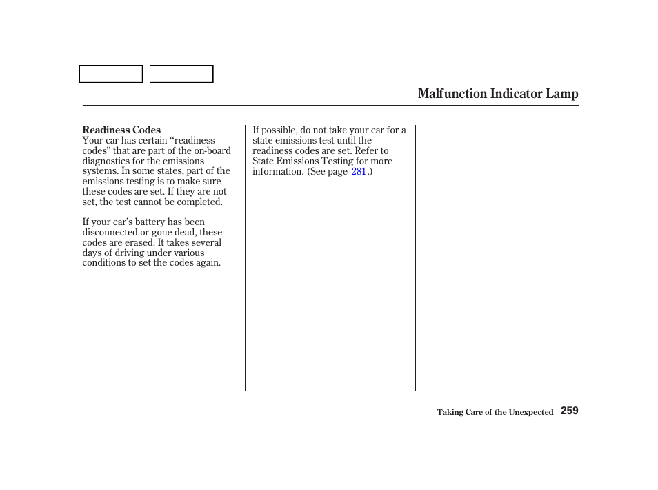 Malfunction indicator lamp | Acura 2002 NSX - Owner's Manual User Manual | Page 262 / 301