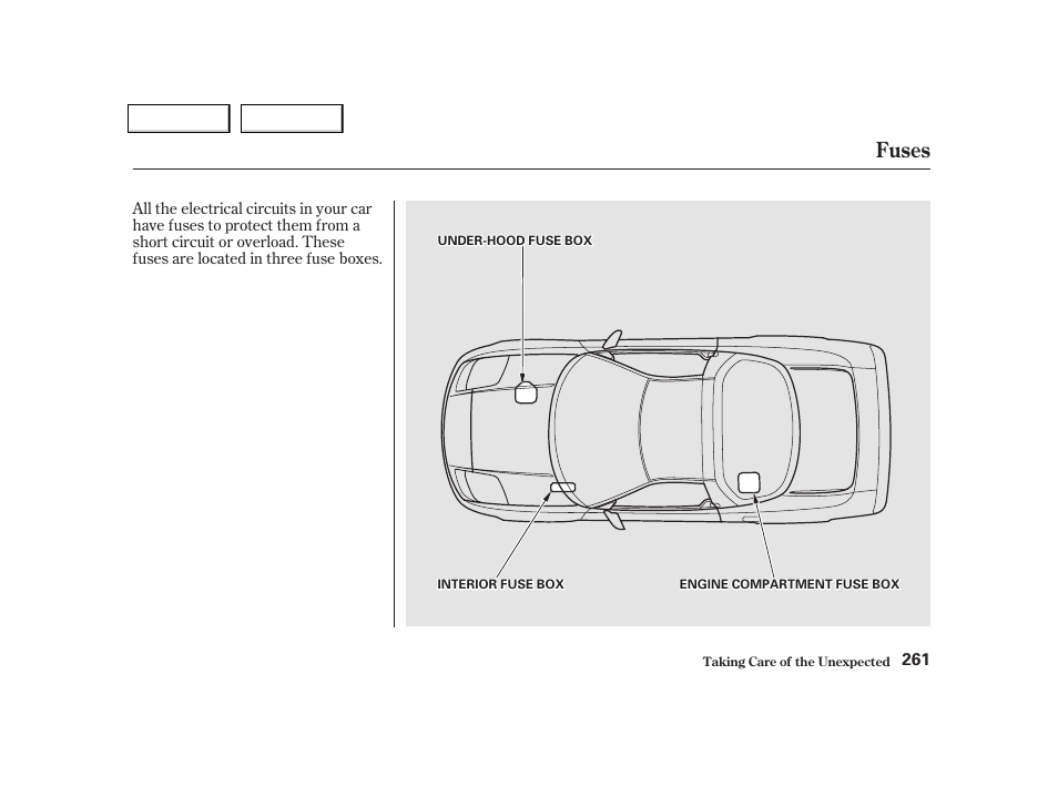 Fuses | Acura 2002 NSX - Owner's Manual User Manual | Page 264 / 301