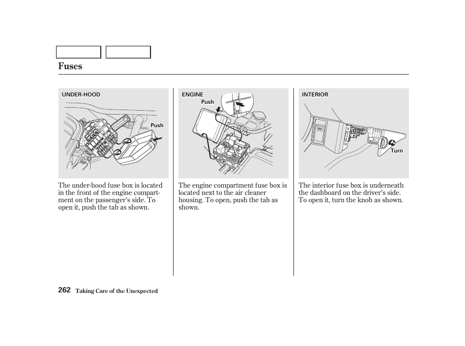Fuses | Acura 2002 NSX - Owner's Manual User Manual | Page 265 / 301