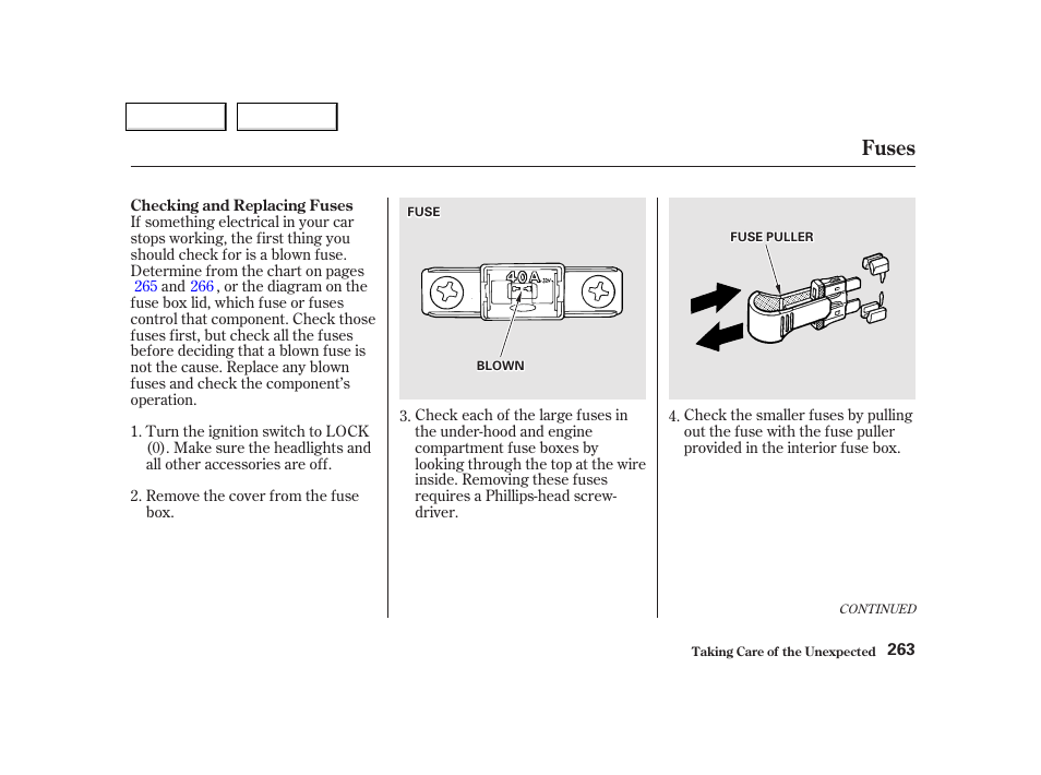 Fuses | Acura 2002 NSX - Owner's Manual User Manual | Page 266 / 301