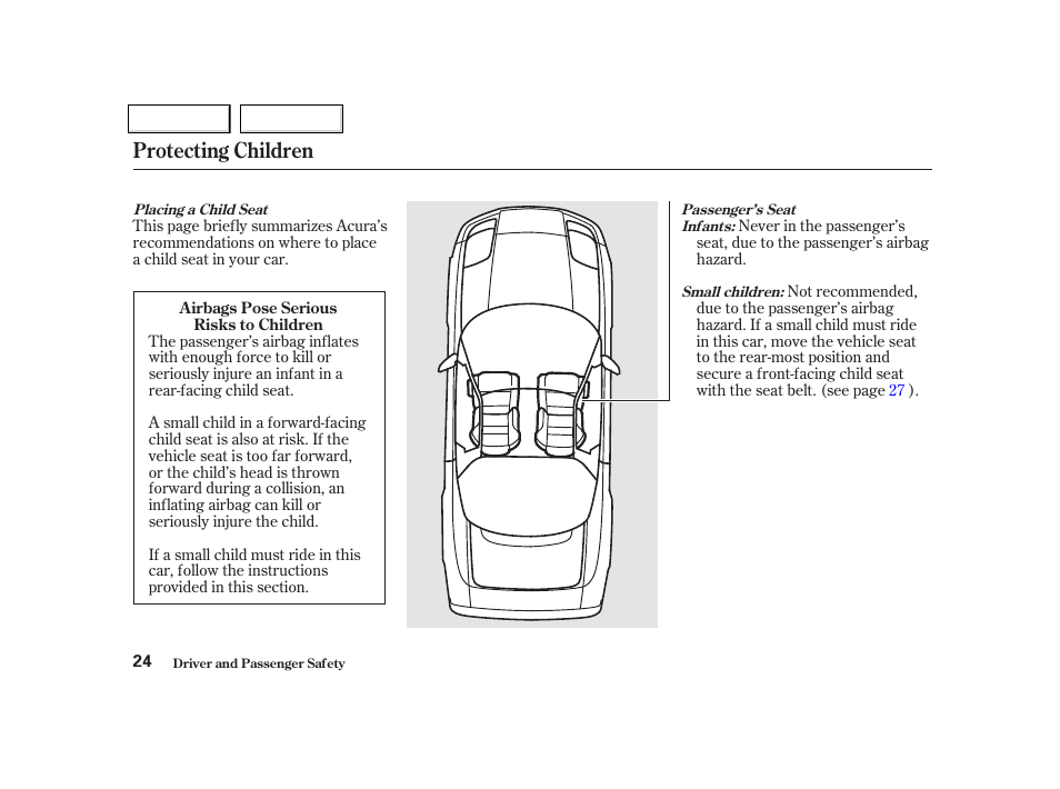 Protecting children | Acura 2002 NSX - Owner's Manual User Manual | Page 27 / 301