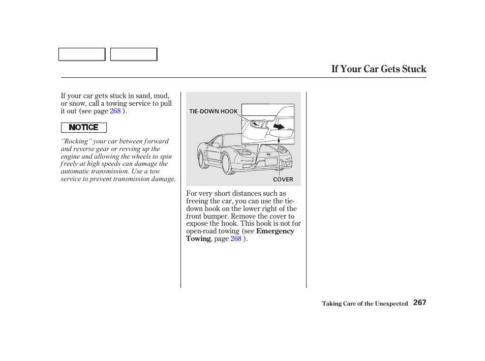 If your car gets stuck | Acura 2002 NSX - Owner's Manual User Manual | Page 270 / 301