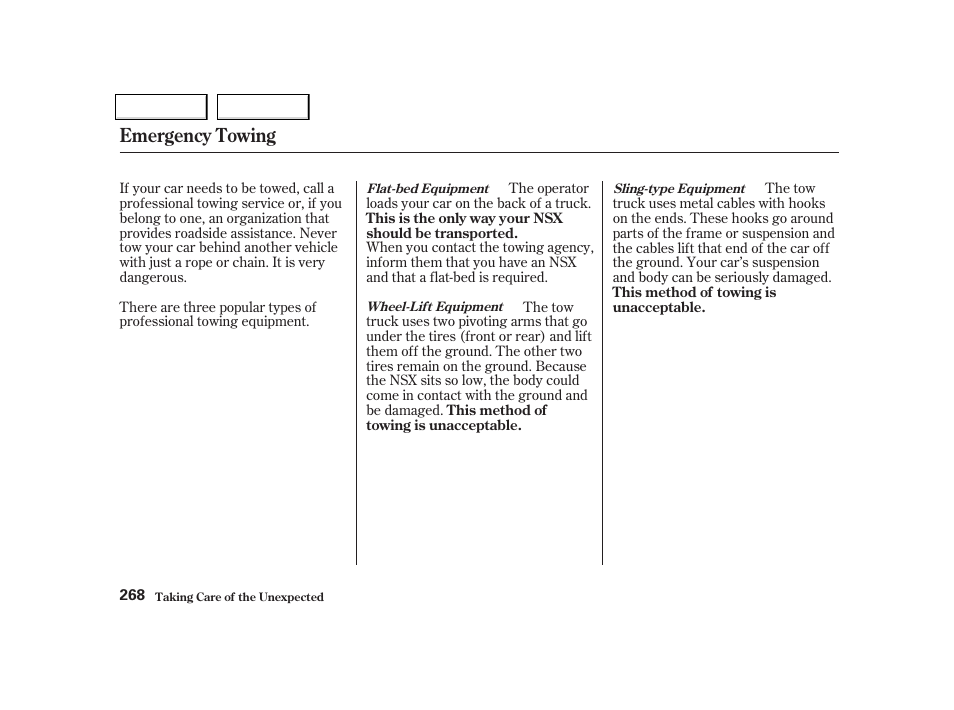Emergency towing | Acura 2002 NSX - Owner's Manual User Manual | Page 271 / 301