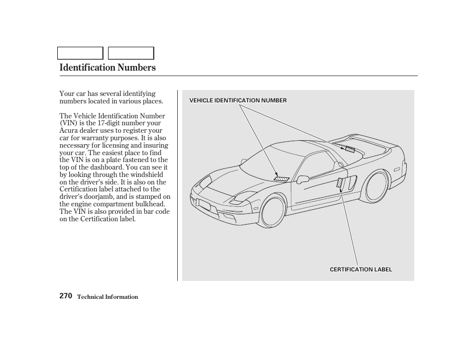 Identification numbers | Acura 2002 NSX - Owner's Manual User Manual | Page 273 / 301