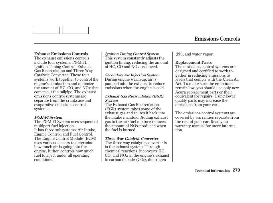 Emissions controls | Acura 2002 NSX - Owner's Manual User Manual | Page 282 / 301