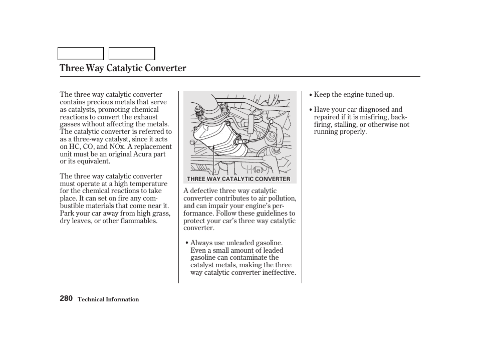 Three way catalytic converter | Acura 2002 NSX - Owner's Manual User Manual | Page 283 / 301