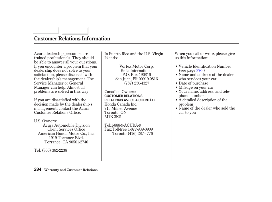 Customer relations information | Acura 2002 NSX - Owner's Manual User Manual | Page 287 / 301