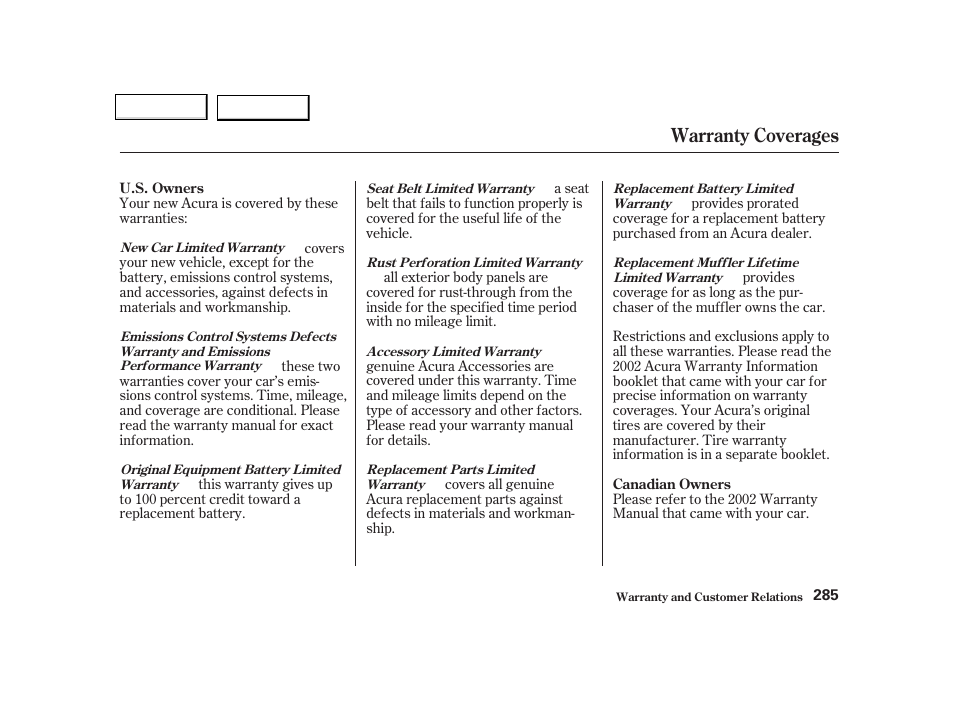 Warranty coverages | Acura 2002 NSX - Owner's Manual User Manual | Page 288 / 301