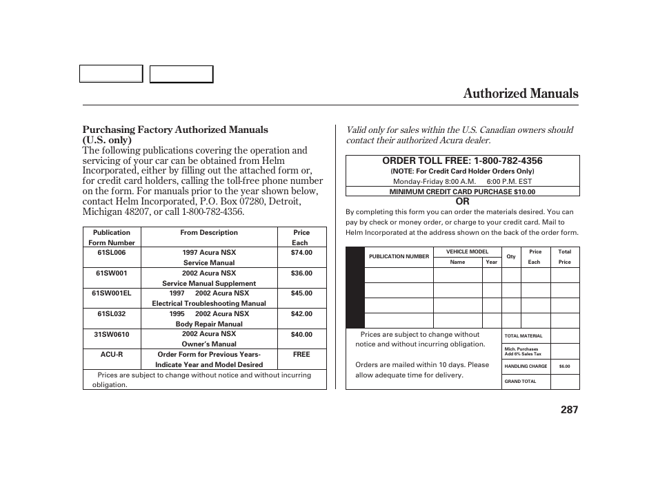 Authorized manuals, Purchasing factory authorized manuals (u.s. only) | Acura 2002 NSX - Owner's Manual User Manual | Page 290 / 301