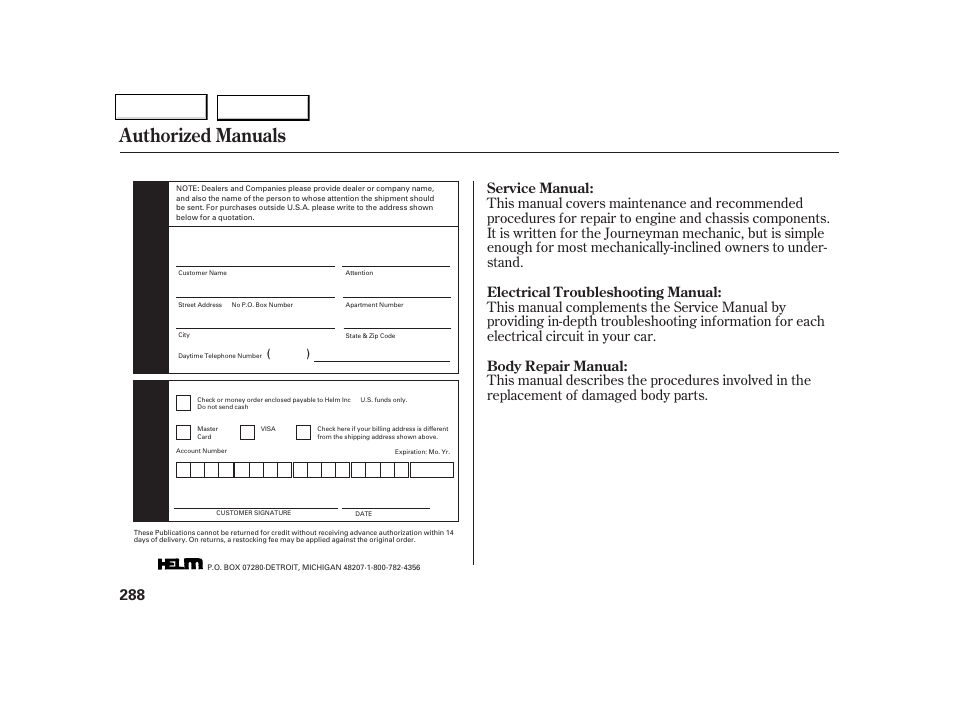 Authorized manuals | Acura 2002 NSX - Owner's Manual User Manual | Page 291 / 301