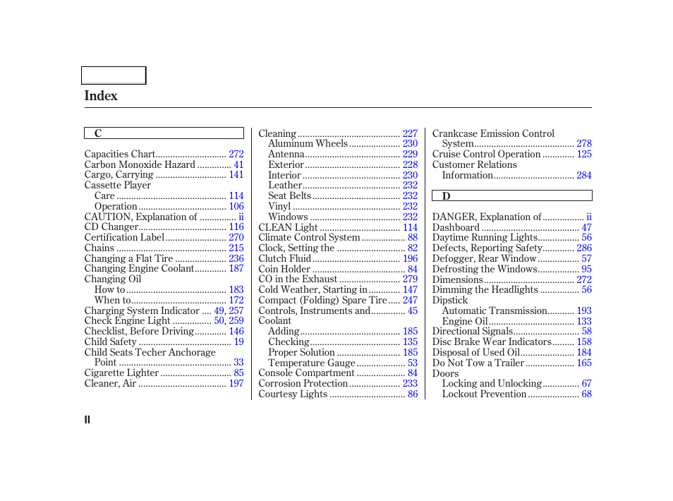 Index | Acura 2002 NSX - Owner's Manual User Manual | Page 293 / 301