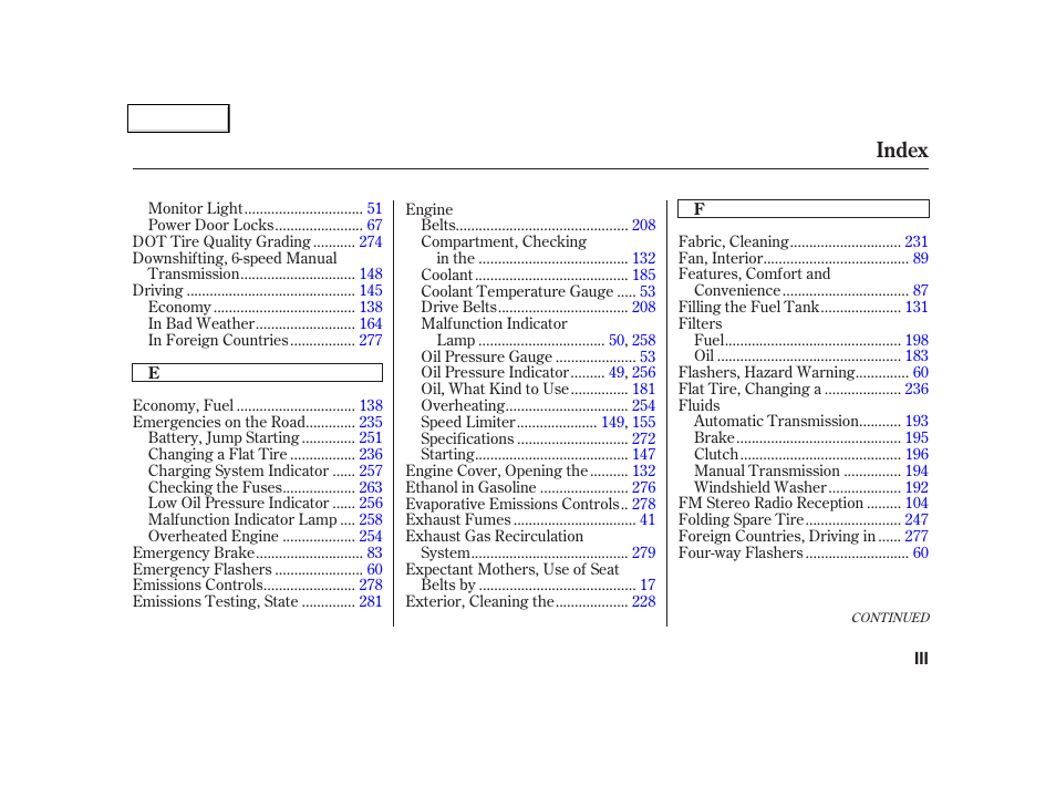 Index | Acura 2002 NSX - Owner's Manual User Manual | Page 294 / 301