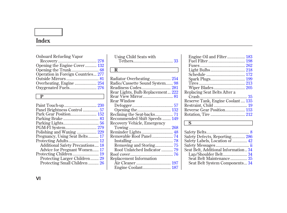 Index | Acura 2002 NSX - Owner's Manual User Manual | Page 297 / 301