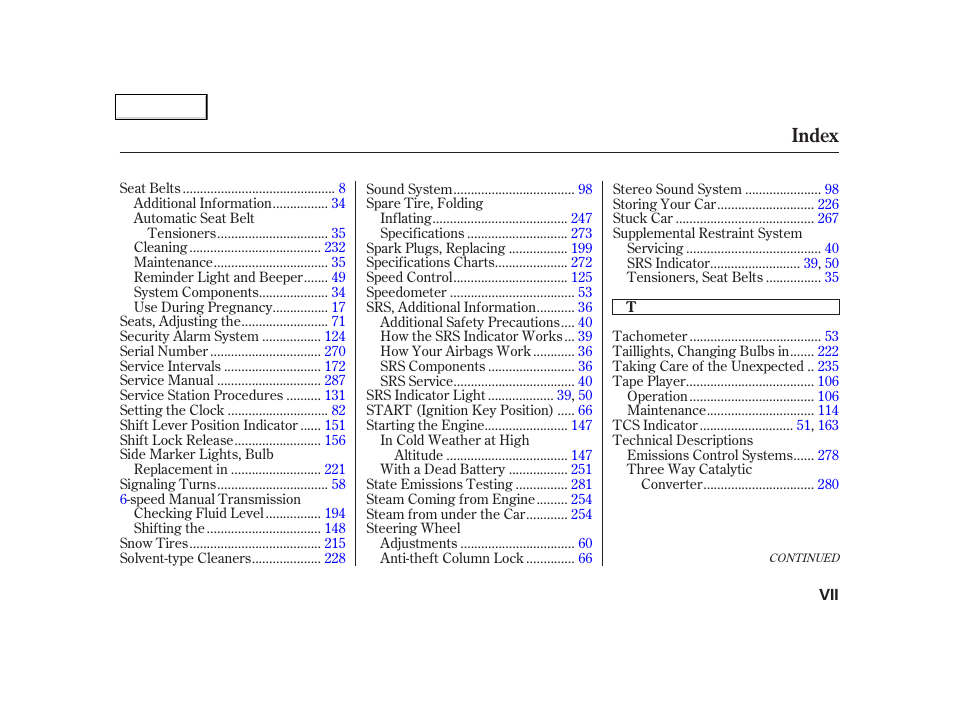 Index | Acura 2002 NSX - Owner's Manual User Manual | Page 298 / 301