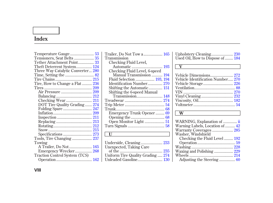 Index | Acura 2002 NSX - Owner's Manual User Manual | Page 299 / 301