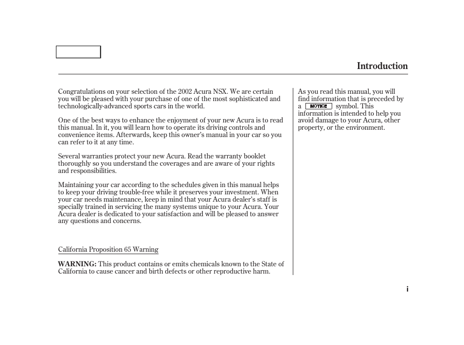 Introduction | Acura 2002 NSX - Owner's Manual User Manual | Page 3 / 301