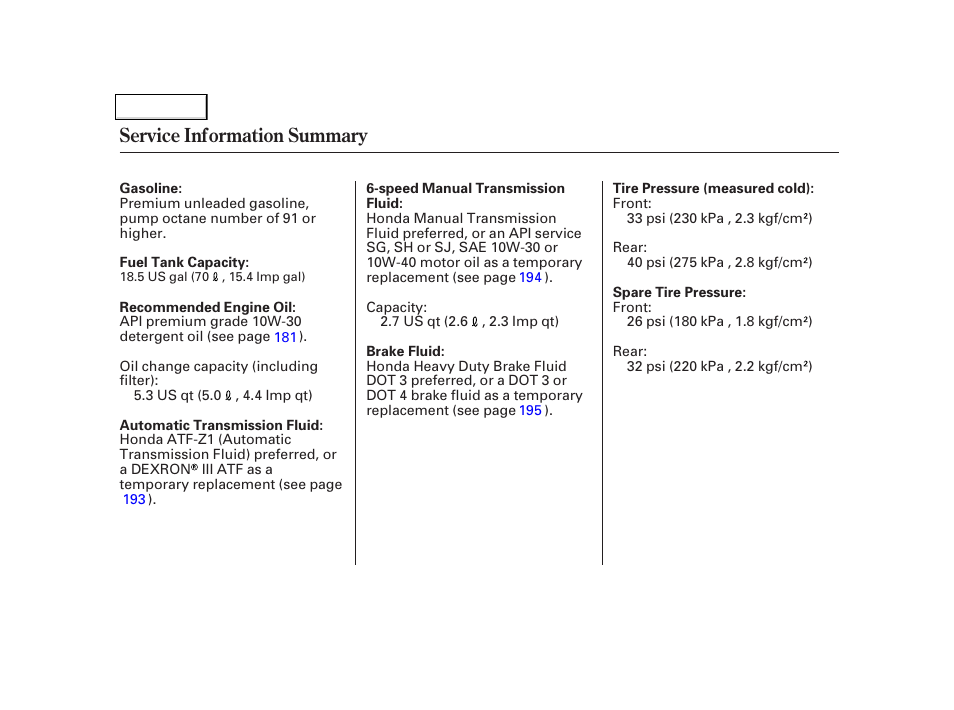 Service information summary | Acura 2002 NSX - Owner's Manual User Manual | Page 301 / 301