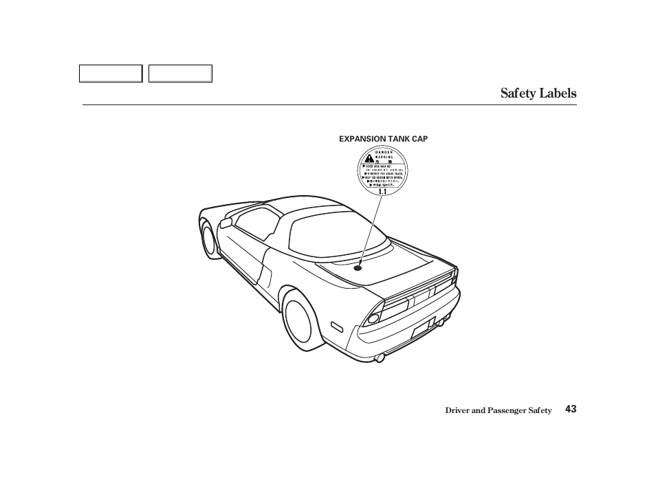 Safety labels | Acura 2002 NSX - Owner's Manual User Manual | Page 46 / 301