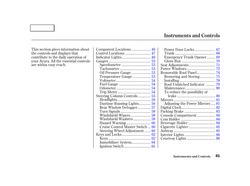 Instruments and controls | Acura 2002 NSX - Owner's Manual User Manual | Page 48 / 301