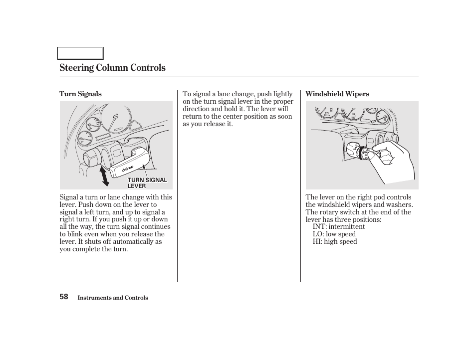 Steering column controls | Acura 2002 NSX - Owner's Manual User Manual | Page 61 / 301