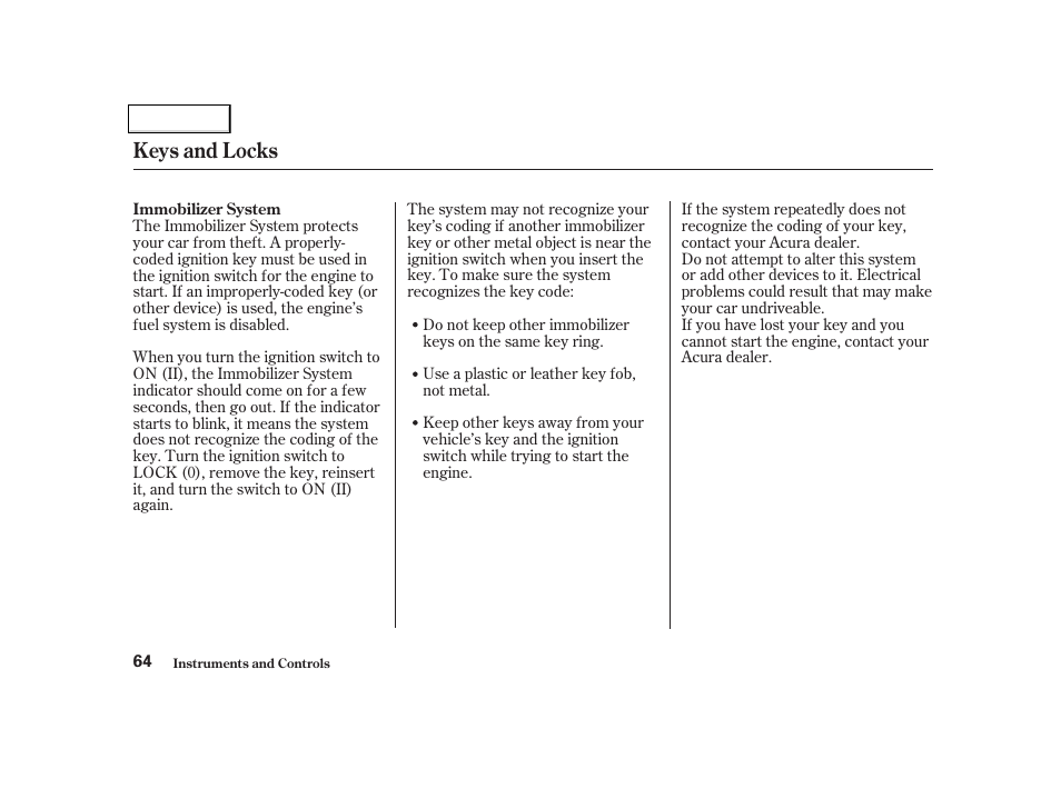 Keys and locks | Acura 2002 NSX - Owner's Manual User Manual | Page 67 / 301