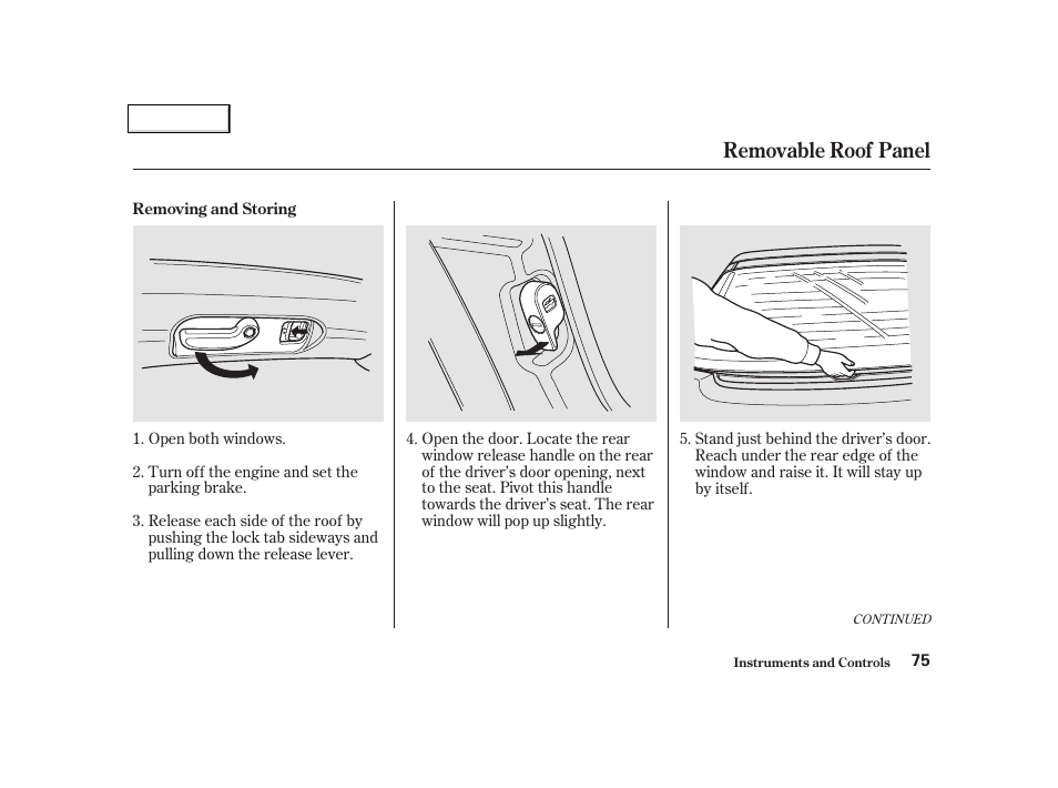 Removable roof panel | Acura 2002 NSX - Owner's Manual User Manual | Page 78 / 301
