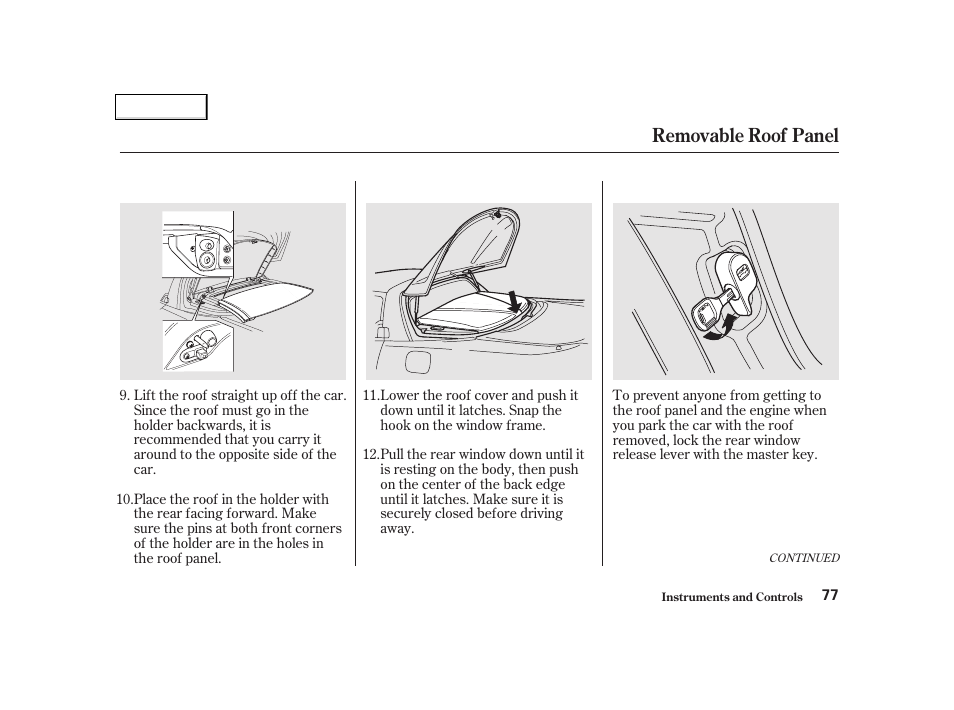 Removable roof panel | Acura 2002 NSX - Owner's Manual User Manual | Page 80 / 301