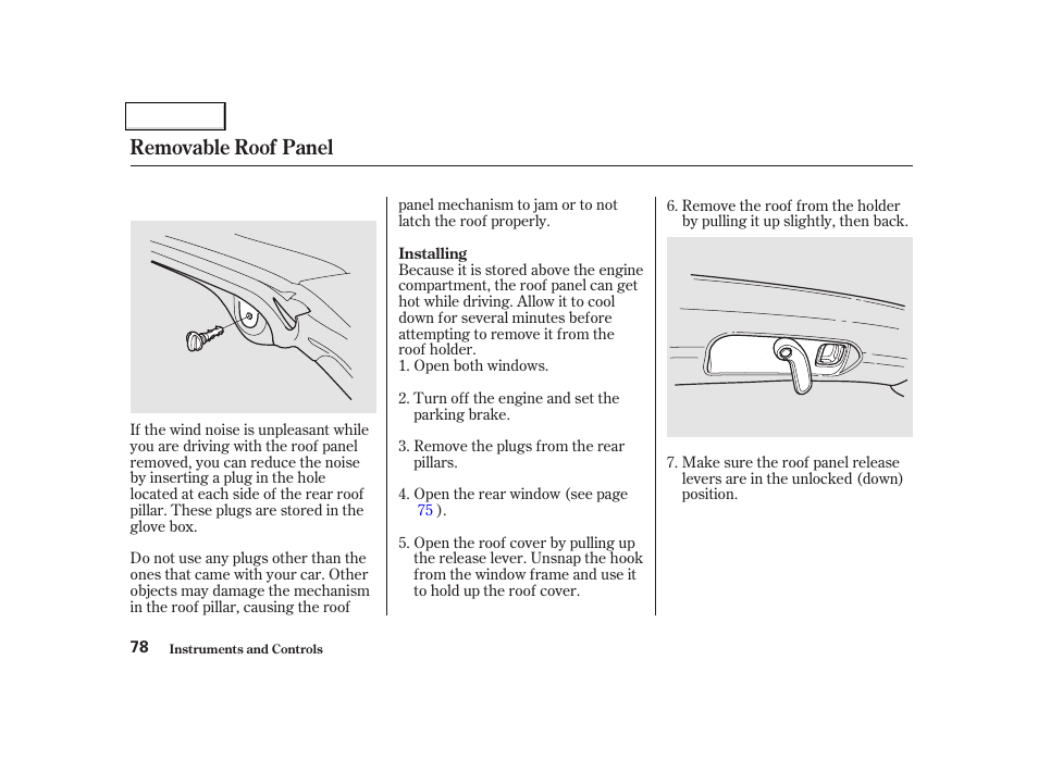 Removable roof panel | Acura 2002 NSX - Owner's Manual User Manual | Page 81 / 301