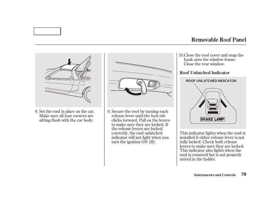 Removable roof panel | Acura 2002 NSX - Owner's Manual User Manual | Page 82 / 301
