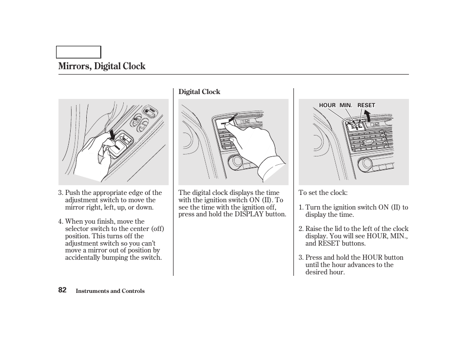 Mirrors, digital clock | Acura 2002 NSX - Owner's Manual User Manual | Page 85 / 301