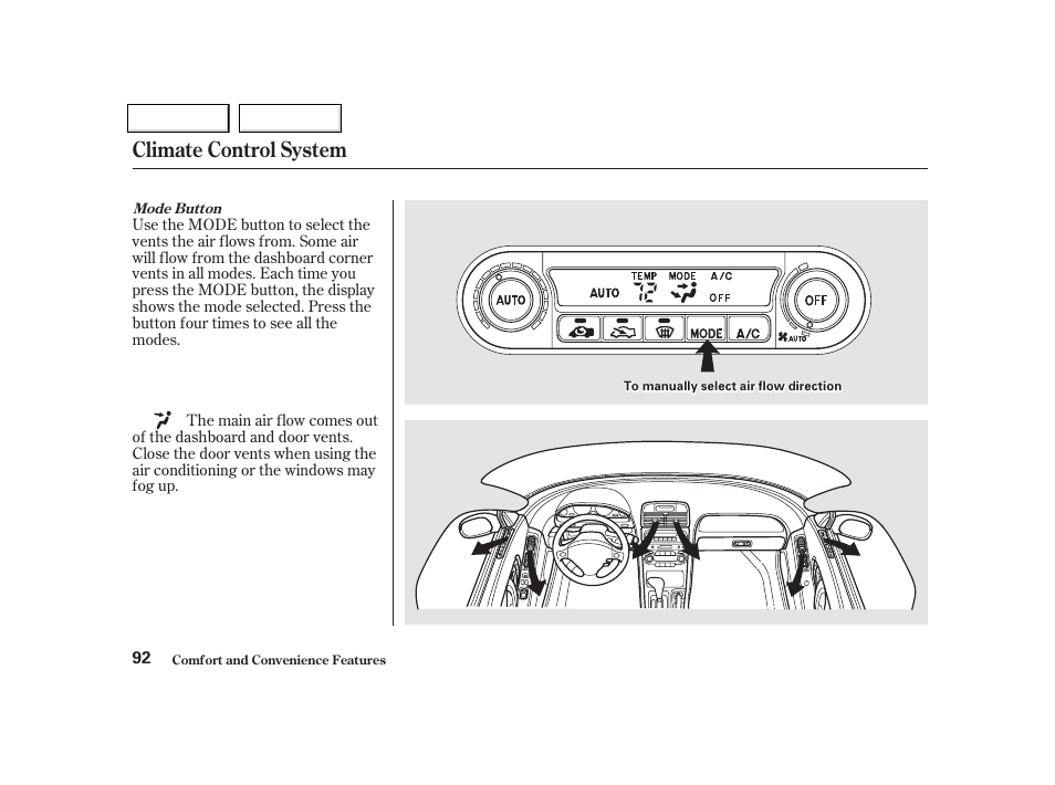 Climate control system | Acura 2002 NSX - Owner's Manual User Manual | Page 95 / 301