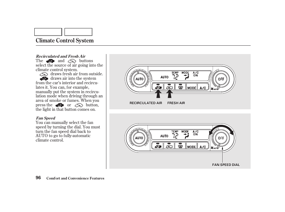 Climate control system | Acura 2002 NSX - Owner's Manual User Manual | Page 99 / 301