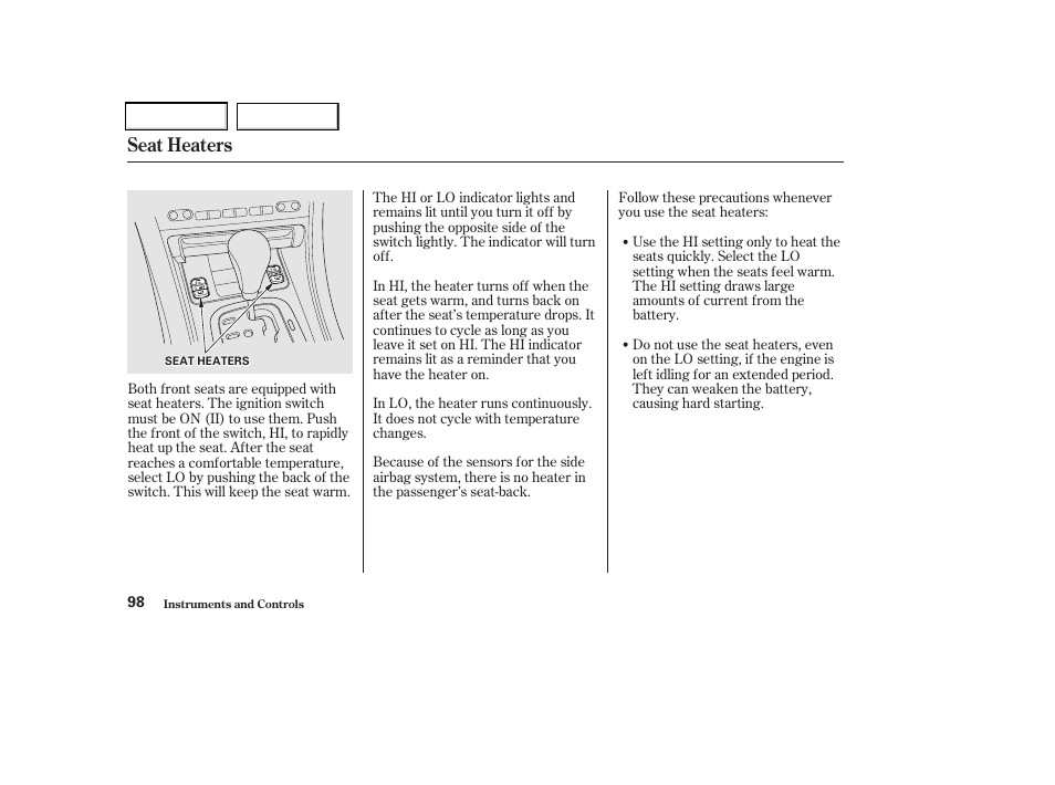 Seat heaters | Acura 2002 CL - Owner's Manual User Manual | Page 101 / 335