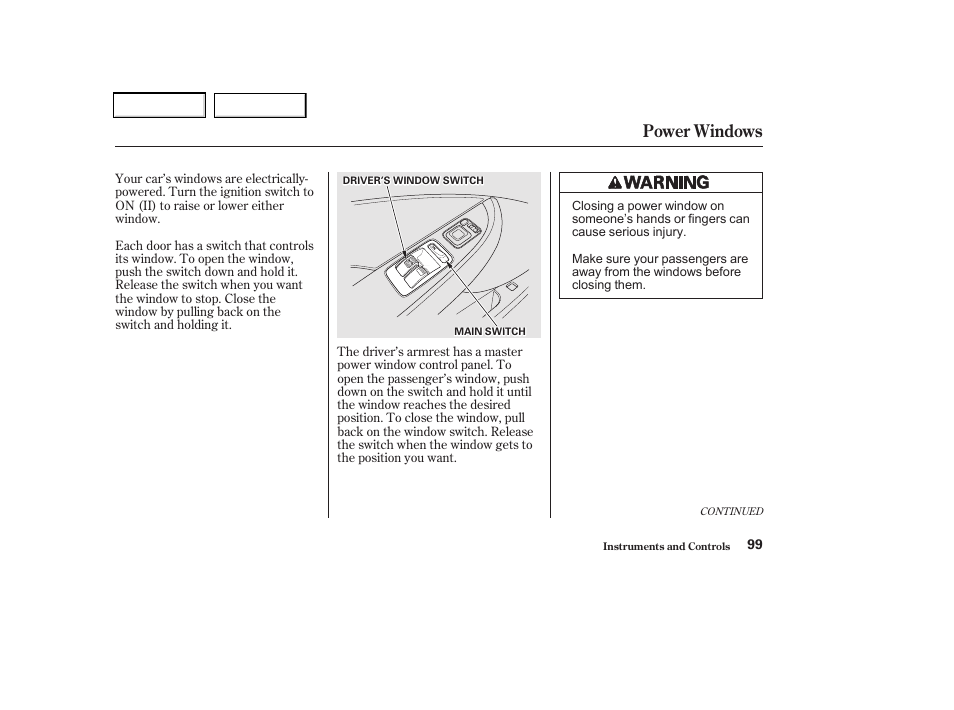 Power windows | Acura 2002 CL - Owner's Manual User Manual | Page 102 / 335