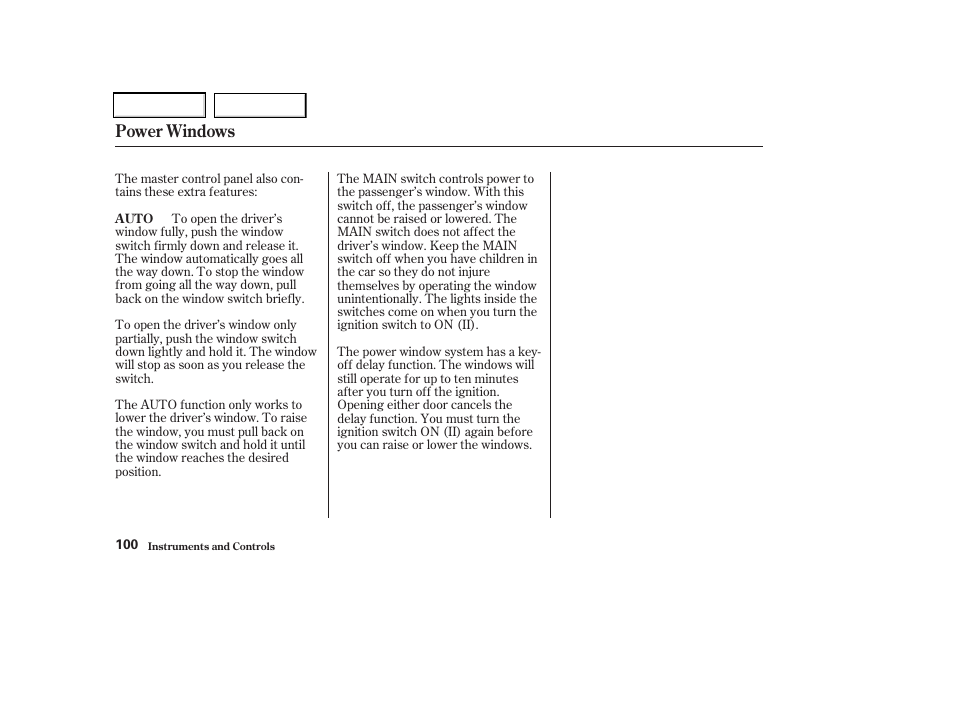 Power windows | Acura 2002 CL - Owner's Manual User Manual | Page 103 / 335