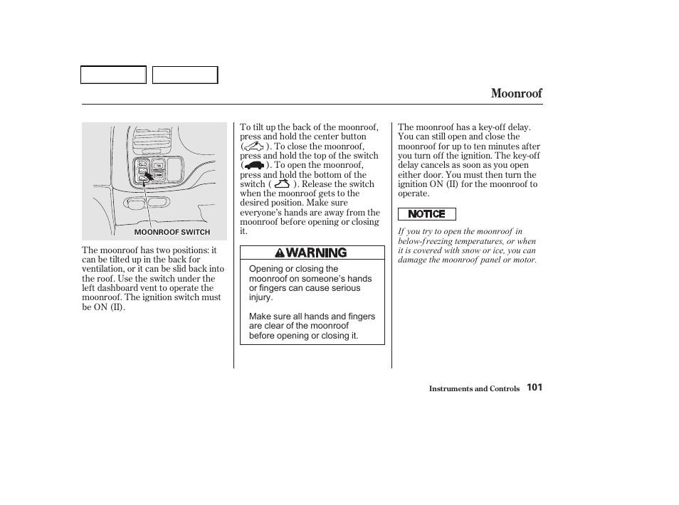 Moonroof | Acura 2002 CL - Owner's Manual User Manual | Page 104 / 335