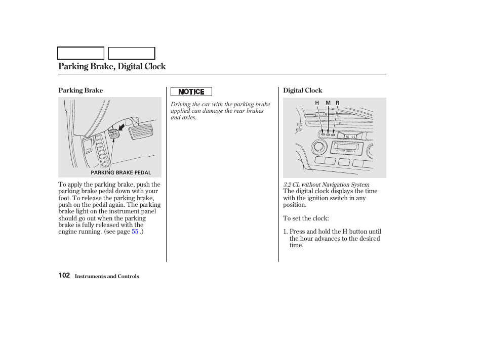 Parking brake, digital clock | Acura 2002 CL - Owner's Manual User Manual | Page 105 / 335