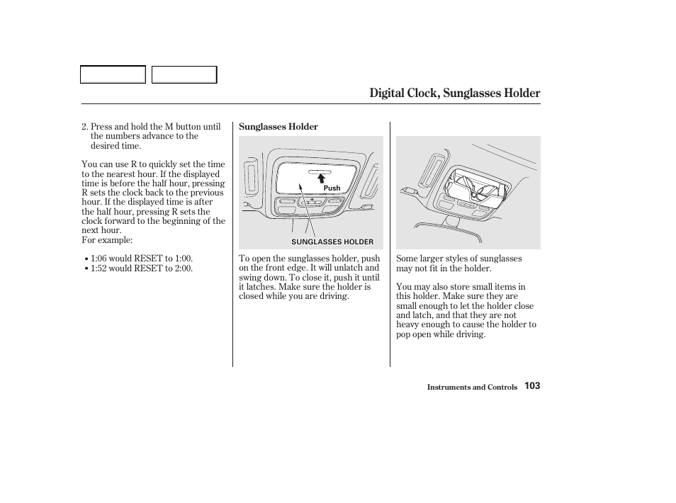 Digital clock, sunglasses holder | Acura 2002 CL - Owner's Manual User Manual | Page 106 / 335