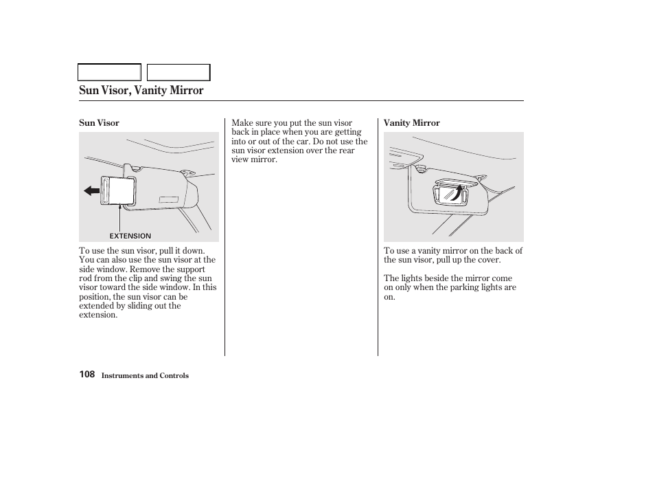 Sun visor, vanity mirror | Acura 2002 CL - Owner's Manual User Manual | Page 111 / 335