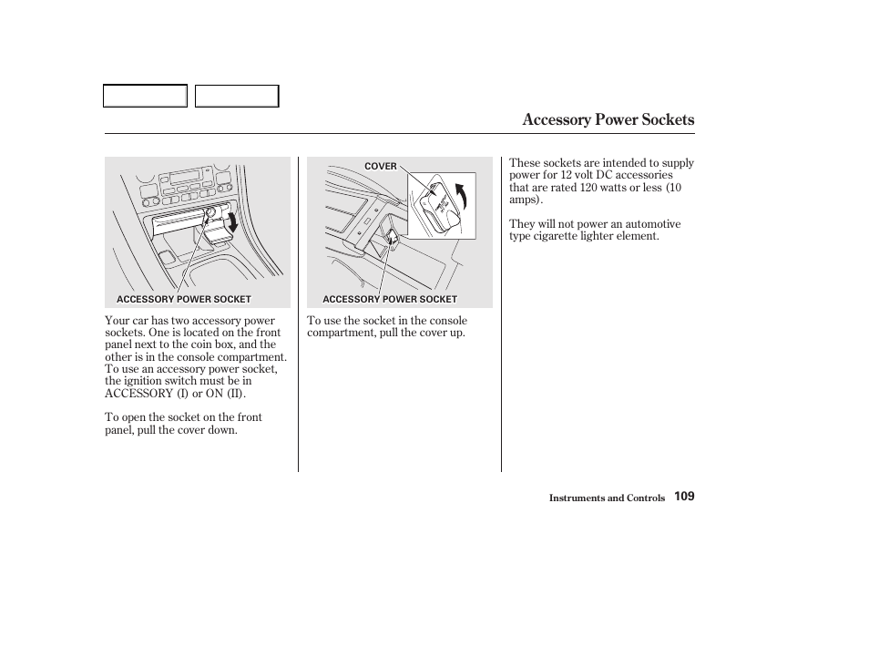 Accessory power sockets | Acura 2002 CL - Owner's Manual User Manual | Page 112 / 335