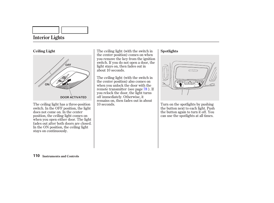 Interior lights | Acura 2002 CL - Owner's Manual User Manual | Page 113 / 335