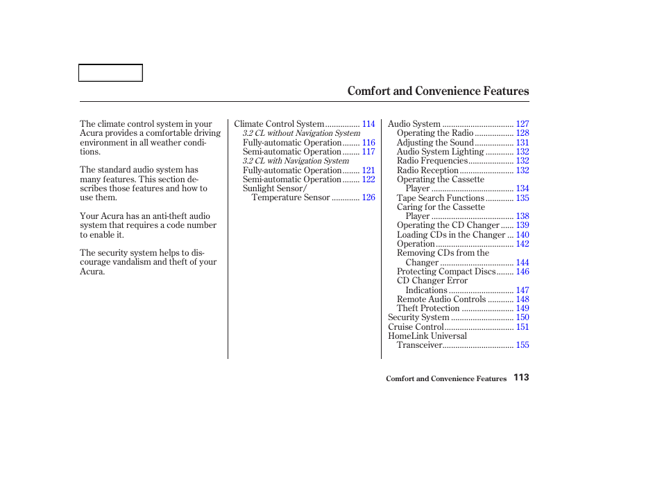 Comfort and convenience features | Acura 2002 CL - Owner's Manual User Manual | Page 116 / 335