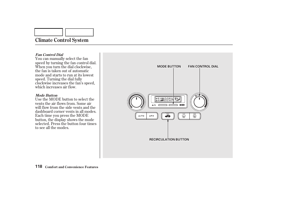 Climate control system | Acura 2002 CL - Owner's Manual User Manual | Page 121 / 335