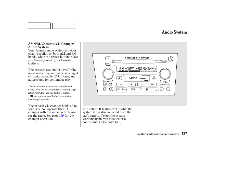 Audio system | Acura 2002 CL - Owner's Manual User Manual | Page 130 / 335