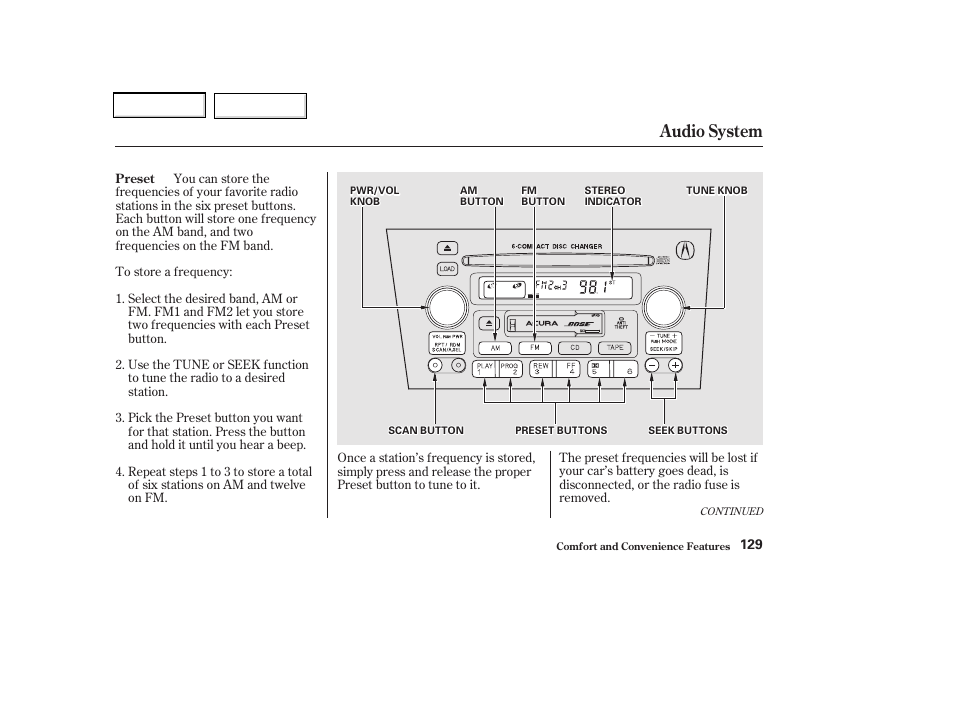 Audio system | Acura 2002 CL - Owner's Manual User Manual | Page 132 / 335